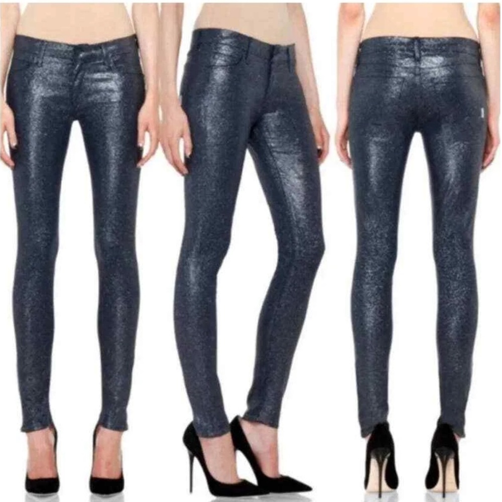 Mother The Looker Sparkle &Purr Glimmer Stone Blue Coated Skinny Jeans Sz 32 NEW